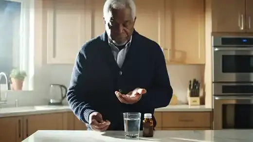 A man in his sixties taking two capsules with a glass of water beside a small amber bottle on a kitchen counter