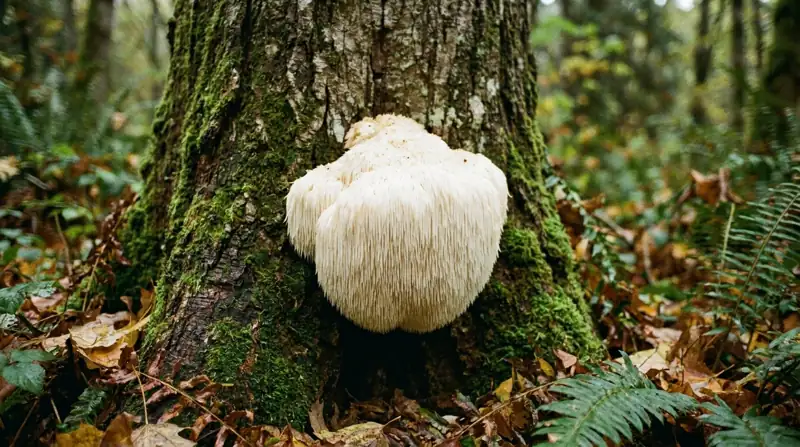 A white shaggy lion's mane mushroom growing from the trunk of an old beech tree