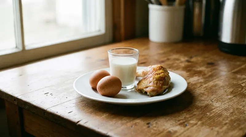 Two brown eggs, a glass of milk and a slice of roast chicken on a white plate