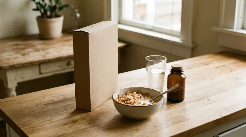 A bowl of frosted cereal beside its box, a glass of water and a small amber bottle on a kitchen counter