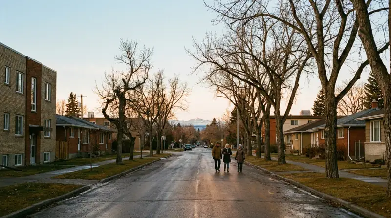 A quiet Calgary street at dawn with bare poplars and faint snow-capped mountains at the end