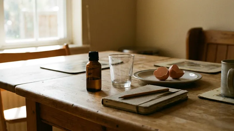 A kitchen table with a small amber bottle, an empty glass, two eggshells on a plate and a closed notebook with a pencil