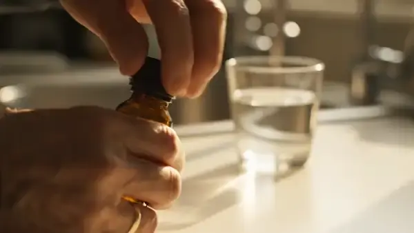 A man's hands tipping two capsules from a small amber bottle into his palm beside a glass of water