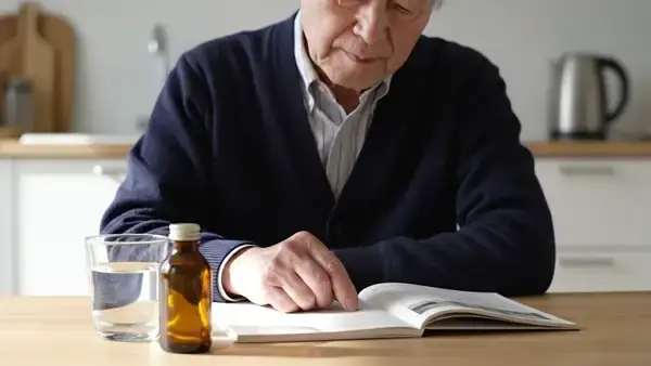 A man in his sixties reading a printed booklet at a kitchen table beside a small amber bottle and a glass of water