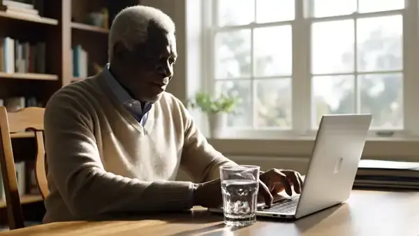 A man in his sixties at a home-office desk taking a sip of water beside his laptop