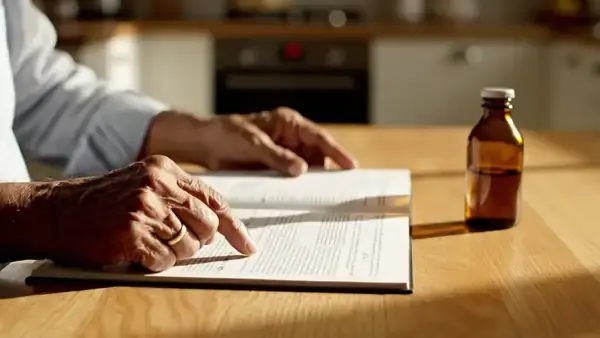 A man's hands comparing two printed pages side by side beside a small amber bottle