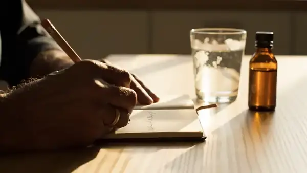 A man's hands writing a line in a small notebook beside a glass of water and a small amber bottle
